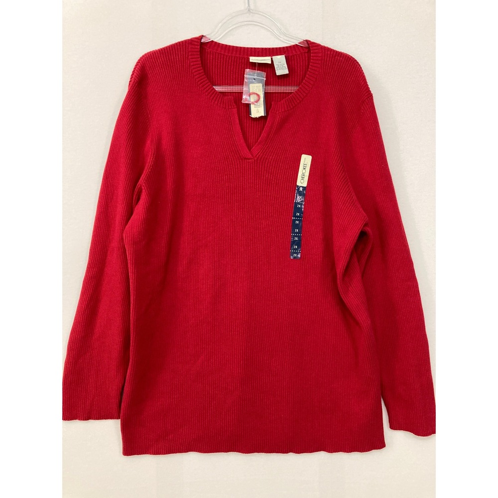New‎ Cherokee Ribbed Knit Sweater 2X Red Split V-Neck Cotton Pullover Comfy